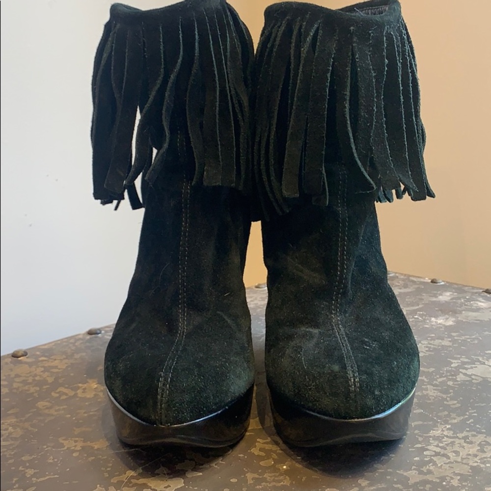 Made in Italy Platform Black Suede Fringe Booties - Picture 5 of 10